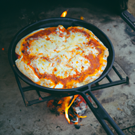 Cooking a pizza in a Dutch oven over a campfire