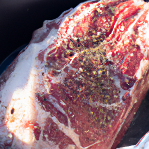 A close-up of a seasoned steak ready to be cooked in a Dutch oven